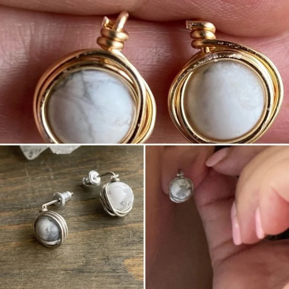 YELLOW GOLD WHITE HOWLITE ROUND STUDS - Picture 2 of 4